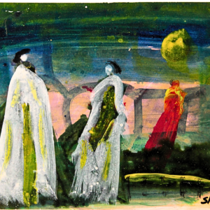 "A dreamlike painting of three ghostly figures in flowing white and green robes, standing under a night sky. The dark green and blue backdrop and the glowing moon add a mystical touch to the ethereal scene."