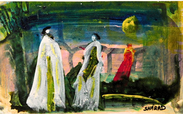 "A dreamlike painting of three ghostly figures in flowing white and green robes, standing under a night sky. The dark green and blue backdrop and the glowing moon add a mystical touch to the ethereal scene."