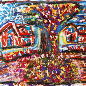 "A picturesque painting of two cottages surrounded by a lush, blooming garden. A central tree is filled with colorful flowers, and the cottages are painted in contrasting red and blue tones, evoking warmth and home."