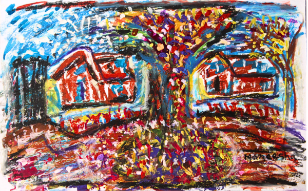 "A picturesque painting of two cottages surrounded by a lush, blooming garden. A central tree is filled with colorful flowers, and the cottages are painted in contrasting red and blue tones, evoking warmth and home."