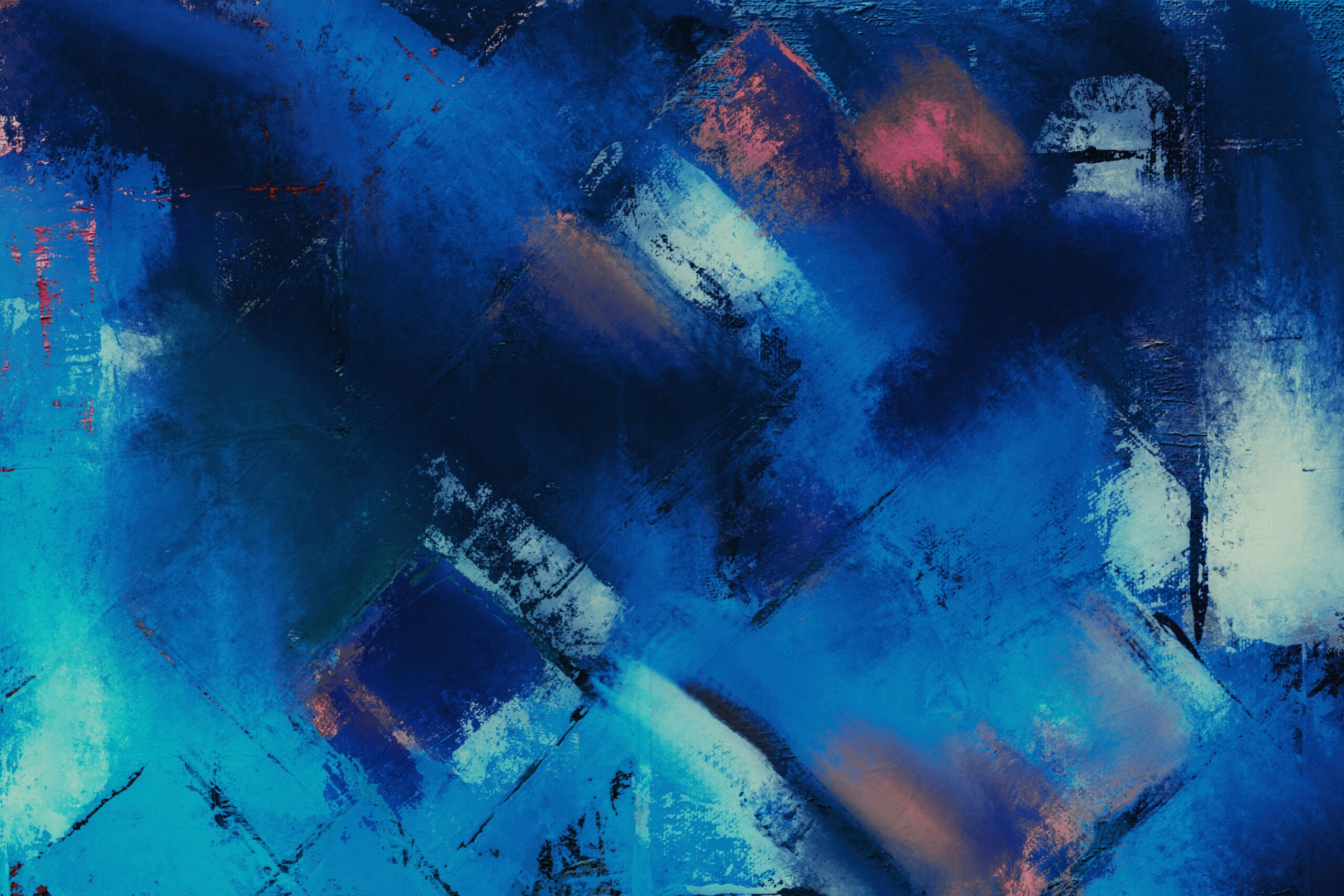 An abstract painting with blue and pink colors